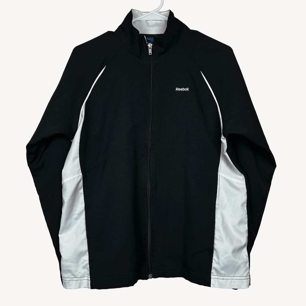 EUC Reebok Women's Athletic Track Jacket Windbreaker Black White Size Large L